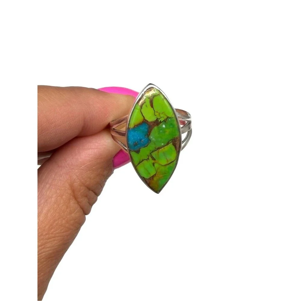 Green & Blue Mohave Turquoise Ring Size 10.5 Solid 925 Sterling Silver